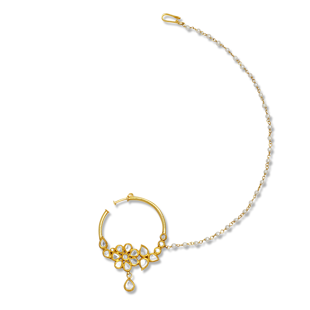 Polki Floral Nath with Gold Setting and Pearl String Support